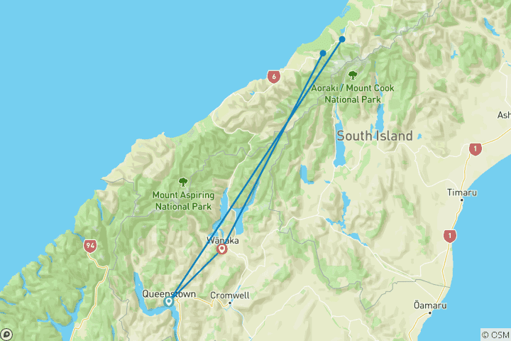 Carte du circuit 8 jours de Queenstown à Wanaka en bus : glaciers, sauts en parachute et aventures alpines