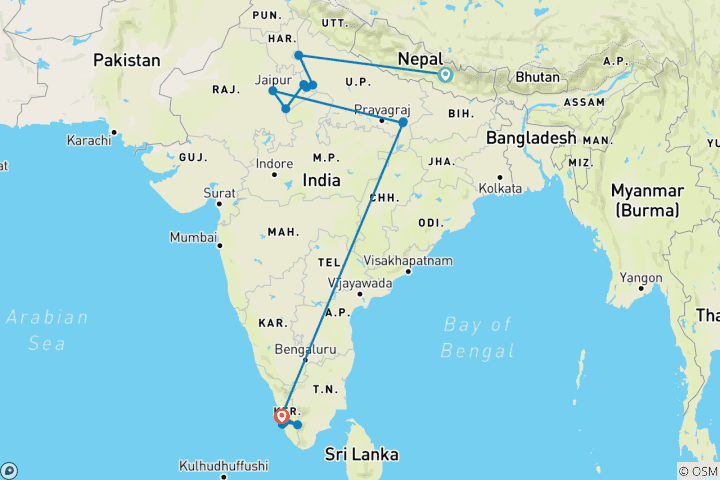 Mapa de Lo mejor de la India (con Kerala y Nepal)