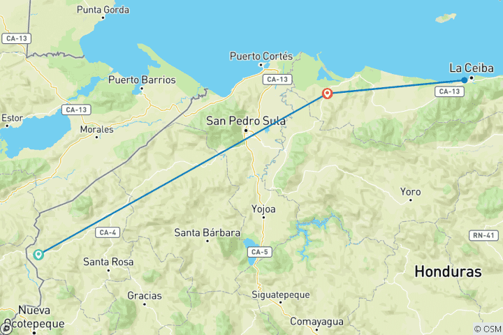 Kaart van 7 dagen Honduras Eco Avontuur