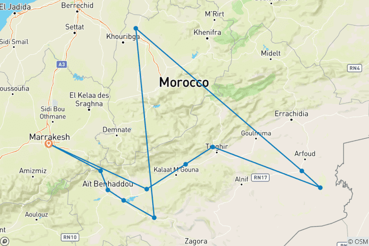 Karte von 4 Tage private Sahara-WüstenReise ab Marrakesch: Atlasgebirge, Kasbahs & Luxus-Camp