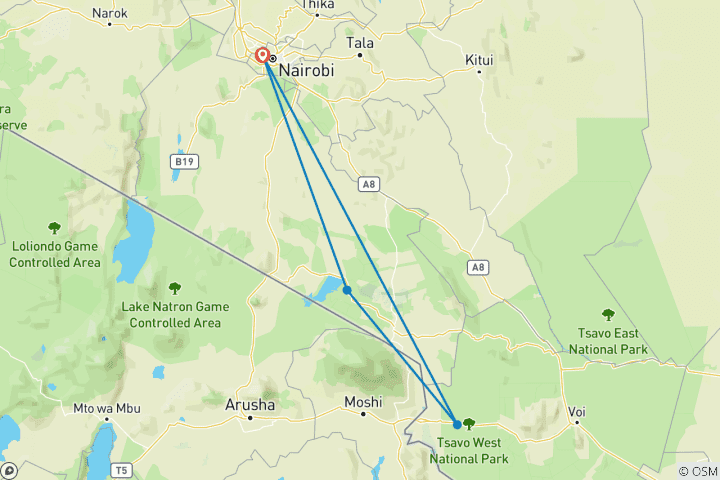 Map of Kenya Amboseli & Tsavo Safari - 5 days