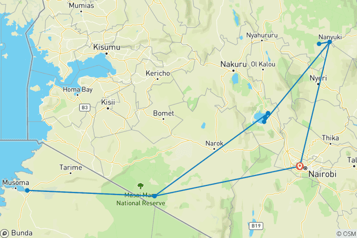 Mapa de Safari familiar en Kenia - 8 días