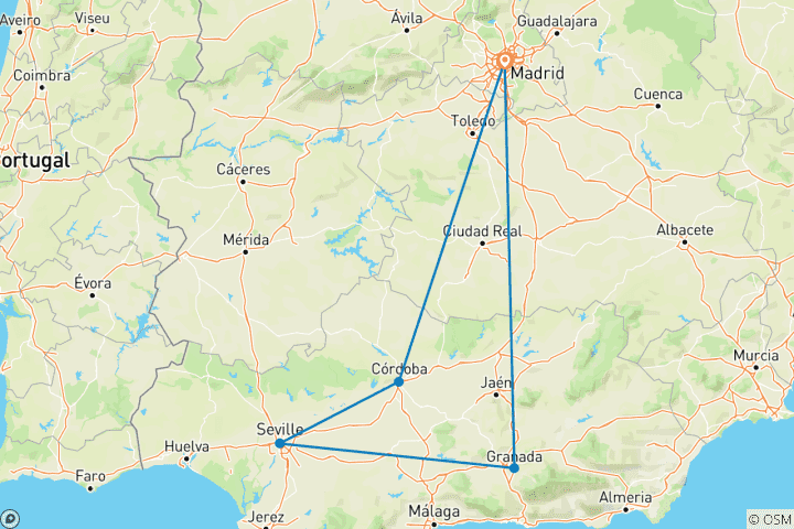 Karte von Cordoba, Sevilla & Granada - 4 Tage