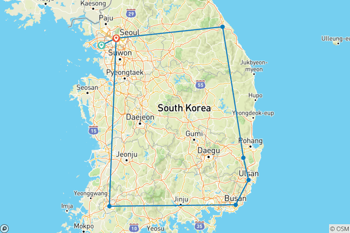 Mapa de De Seúl a Gyeongju - 14 días