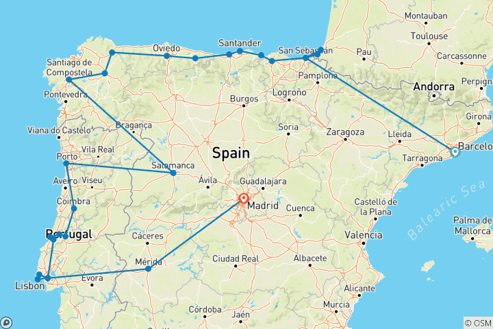 Carte du circuit Barcelone, Nord de l'Espagne et Portugal - 16 jours