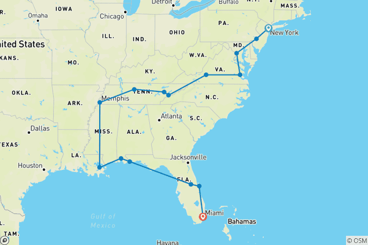 Karte von Deep South Explorer nach Miami - 14 Tage