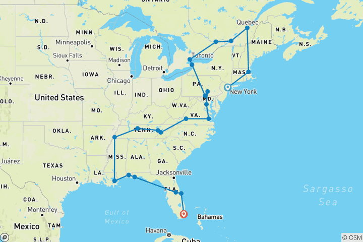 Kaart van New York naar Miami - 20 dagen