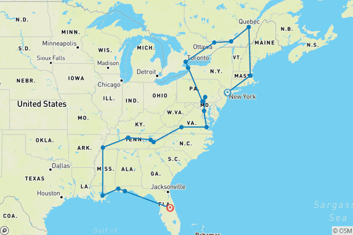 Mapa de De Nueva York a Orlando - 17 días