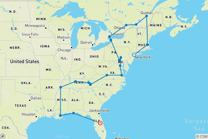 Kaart van Het Amerikaanse Oosten & Niagara Falls - 19 dagen