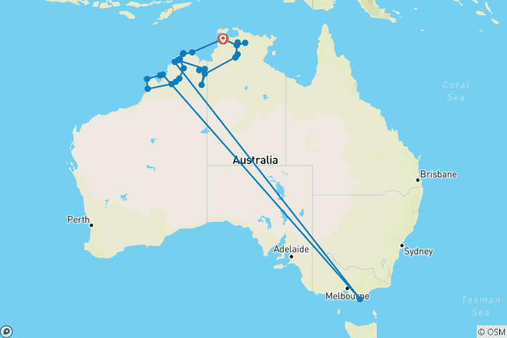 Mapa de Kimberley y Top End con la Expedición Costera Kimberley