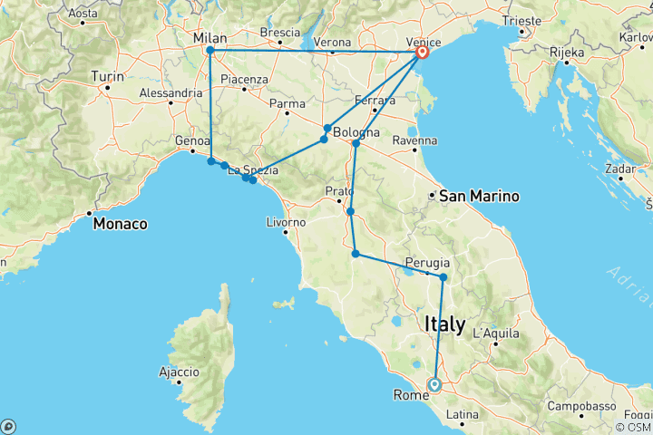 Mapa de Combo Italia Clásica y Cinque Terre: 11 días de cultura, gastronomía y belleza paisajística
