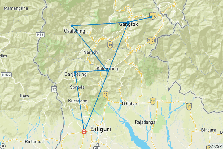 Carte du circuit Nord-est de l'Himalaya, de Darjeeling à Gangtok