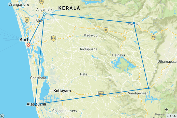 Mapa de Cochin: Viaje de lujo de 6 días a Kerala con Munnar Thekkady y Alleppey 4★ Hoteles