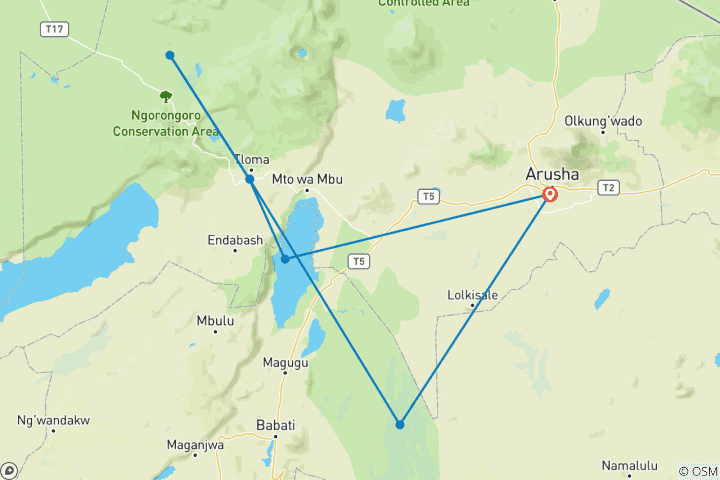 Map of 4-Day Mid-Luxury Wilderness Tanzania Safari
