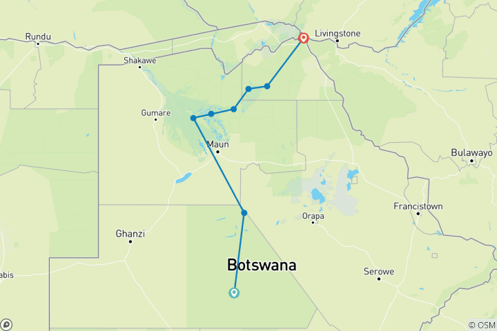 Kaart van Botswana Ultieme Expeditie: Kalahari, Delta & Chobe 10-daagse safari