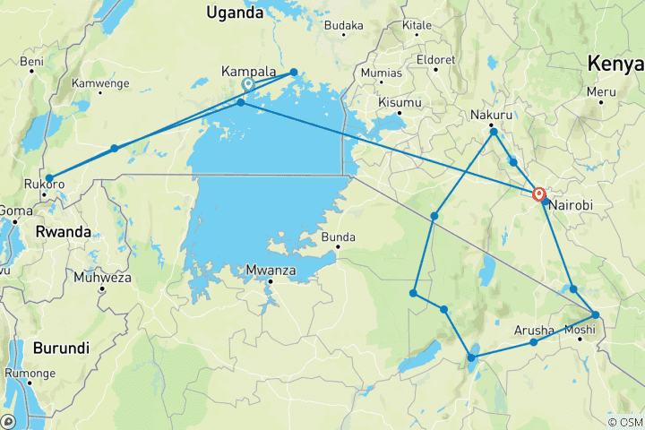 Mapa de Safari de 20 días por Uganda, Kenia y Tanzania.