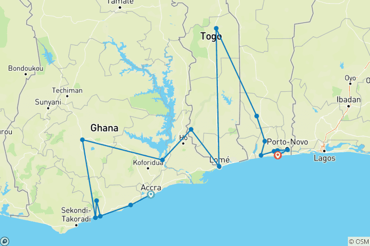 Carte du circuit Festival Trails of Ghana, Togo & Benin Including Winneba Masqueraders Festival & The Annual Ouidah Voodoo Festival, 14 Days (December 30, 2026 - January 12, 2027)