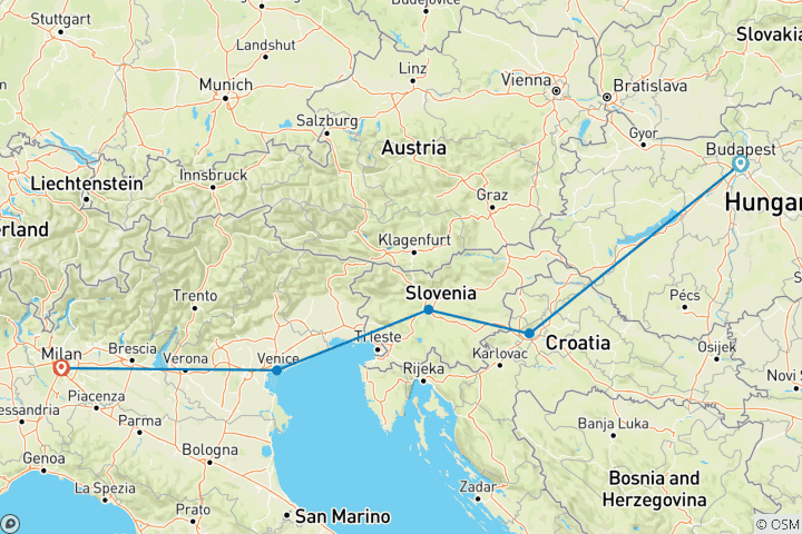 Mapa de Juventud en ruta de Budapest a Milán; tren y autobús por Europa Central