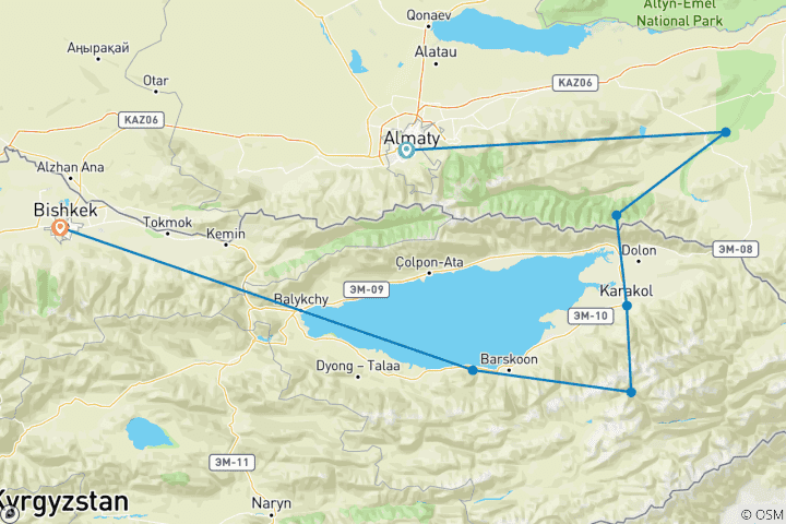 Mapa de Viaje de Aventura de 8 Días / 7 Noches a Almaty y Kirguistán