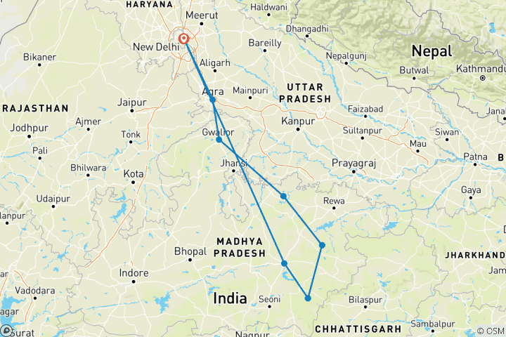 Mapa de Increíble Experiencia de Safari con Tigres en Taj Mahal y Kanha, Bandhavgarh