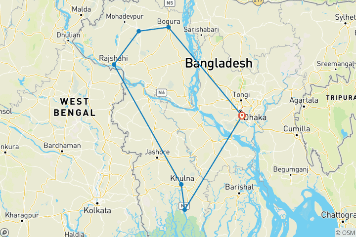 Kaart van Bangladesh Tour van UNESCO Werelderfgoed en verder