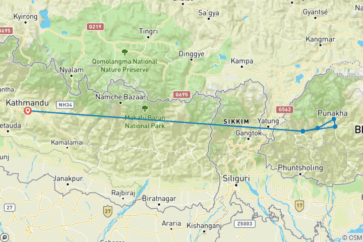 Karte von Land der Klöster, Nepal & Bhutan
