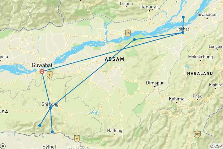 Karte von Nordostindien Scenic Hills & Kaziranga Wildlife Experience