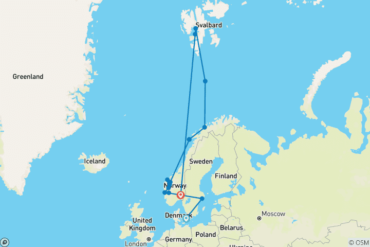 Kaart van Scandinavische ontdekkingen & Arctische wonderen - Cruise & Land reis 2028