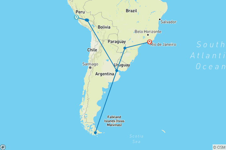 Carte du circuit Voyage ultime : Pérou, Argentine, Brésil et Antarctique 2028