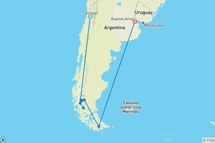 Kaart van Wonderen van Patagonië & Antarctica - Cruise & Land Reis 2028-2029