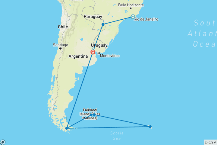 Carte du circuit Antarctique, Géorgie du Sud, Argentine et Brésil - Croisière et voyage terrestre 2029|2028