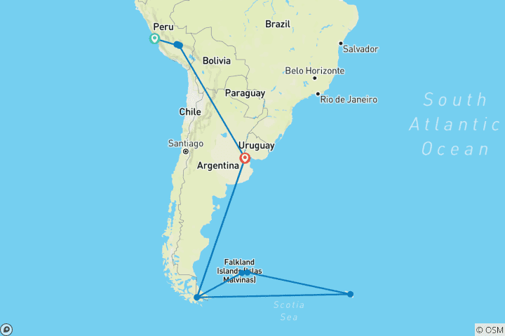 Carte du circuit Expédition australe : Antarctique et Machu Picchu - Croisière et voyage terrestre 2029|2028