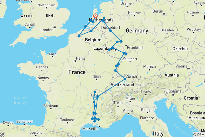 Carte du circuit Merveilleuse Europe 2026 - 25 jours (from Lyon to Amsterdam)