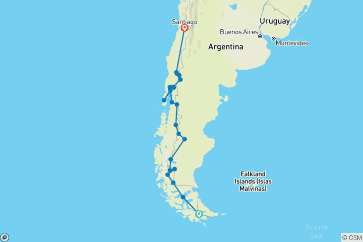 Kaart van Patagonië over land: Ushuaia naar Santiago