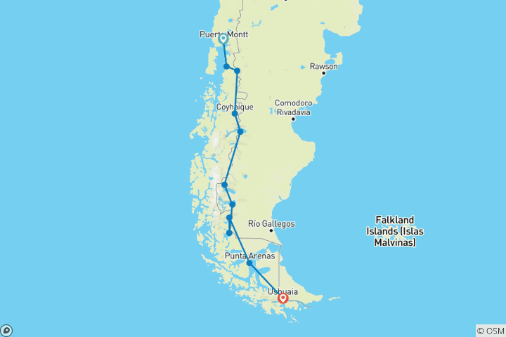 Kaart van Patagonië Overland: Puerto Varas naar Ushuaia