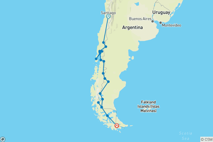 Kaart van Patagonië over land: Santiago naar Ushuaia