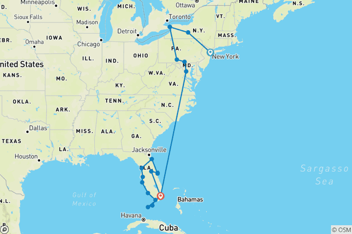 Mapa de De norte a sur De Nueva York a Miami - 13 días