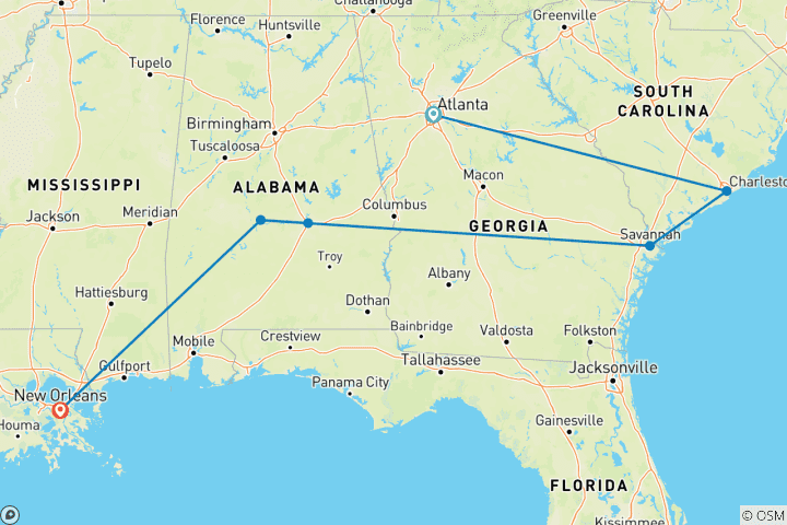 Kaart van Diep Zuid-Atlanta naar New Orleans - 9 dagen