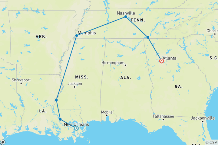 Mapa de Sonidos del Sur De Nueva Orleans a Atlanta - 8 días