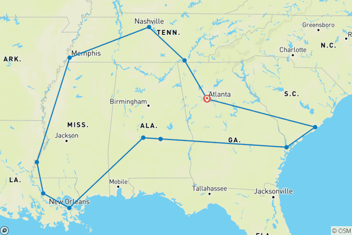 Mapa de Atlanta y el Sur de Estados Unidos - 14 días