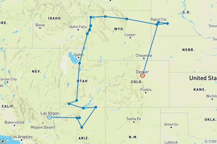 Karte von Spektakuläre Canyons und Nationalparks bis Rapid City (von Las Vegas bis Denver)