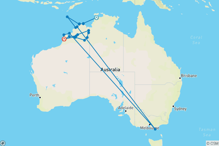 Kaart van Essentie van de Kimberley met Kimberley Coastal Expedition Cruise Darwin > Broome (2027) (van Darwin naar Broome)
