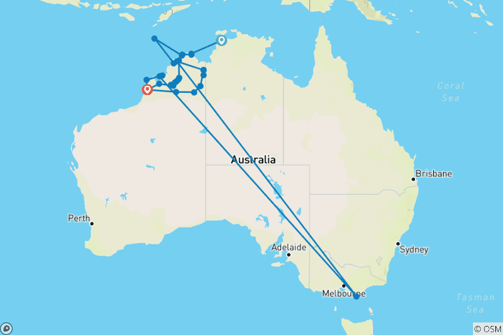 Kaart van Kimberley Compleet met Kimberley Coastal Expedition Darwin > Broome - Omgekeerde 4WD Tour (2027)