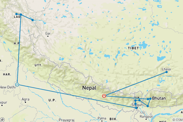 Karte von Pracht Indiens mit Bhutan, Nepal & Tibet