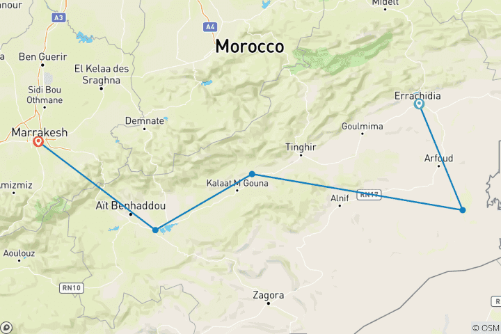 Mapa de De las Dunas Doradas a la Ciudad Roja: Excursión por el desierto de 3 días y 2 noches de Erachiddia a Marrakech