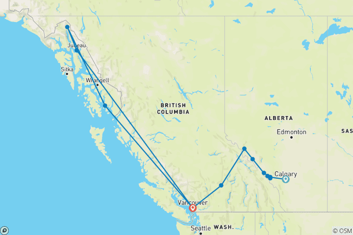 Kaart van Majestic Rockies & Alaska Cruise 2027 - 16 Dagen (14 bestemmingen)