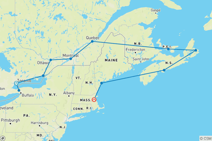 Carte du circuit Croisière sur les hauts lieux de l'Est et la Nouvelle-Angleterre 2027 - 15 jours (12 destinations)