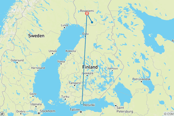 Mapa de Expreso de Papá Noel de Helsinki a Laponia - 7 días