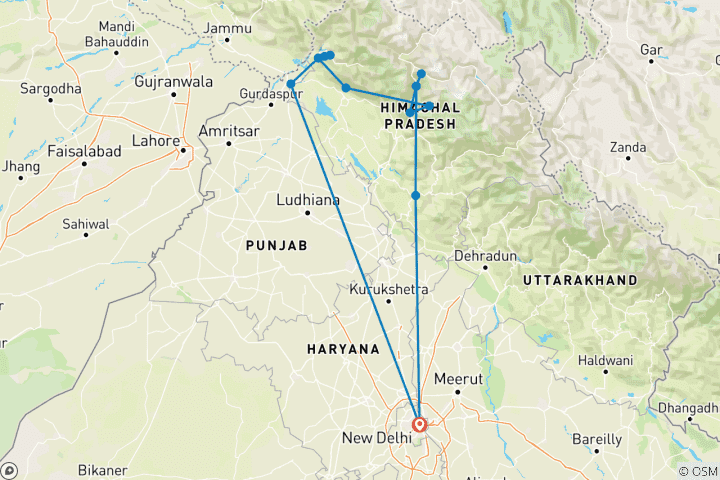 Karte von Unglaubliches Indien Himalaya Hills & Heritage Erlebnis