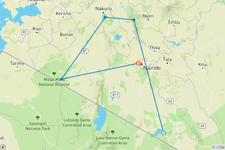 Karte von 7 Tage / 6 Nächte Amboseli-Aberdare-Lake Nakuru-Masai Mara